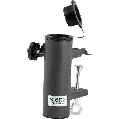 Black metal parasol holder with screw clamp and removable cap. Suitable for mounting on a balcony or table.
