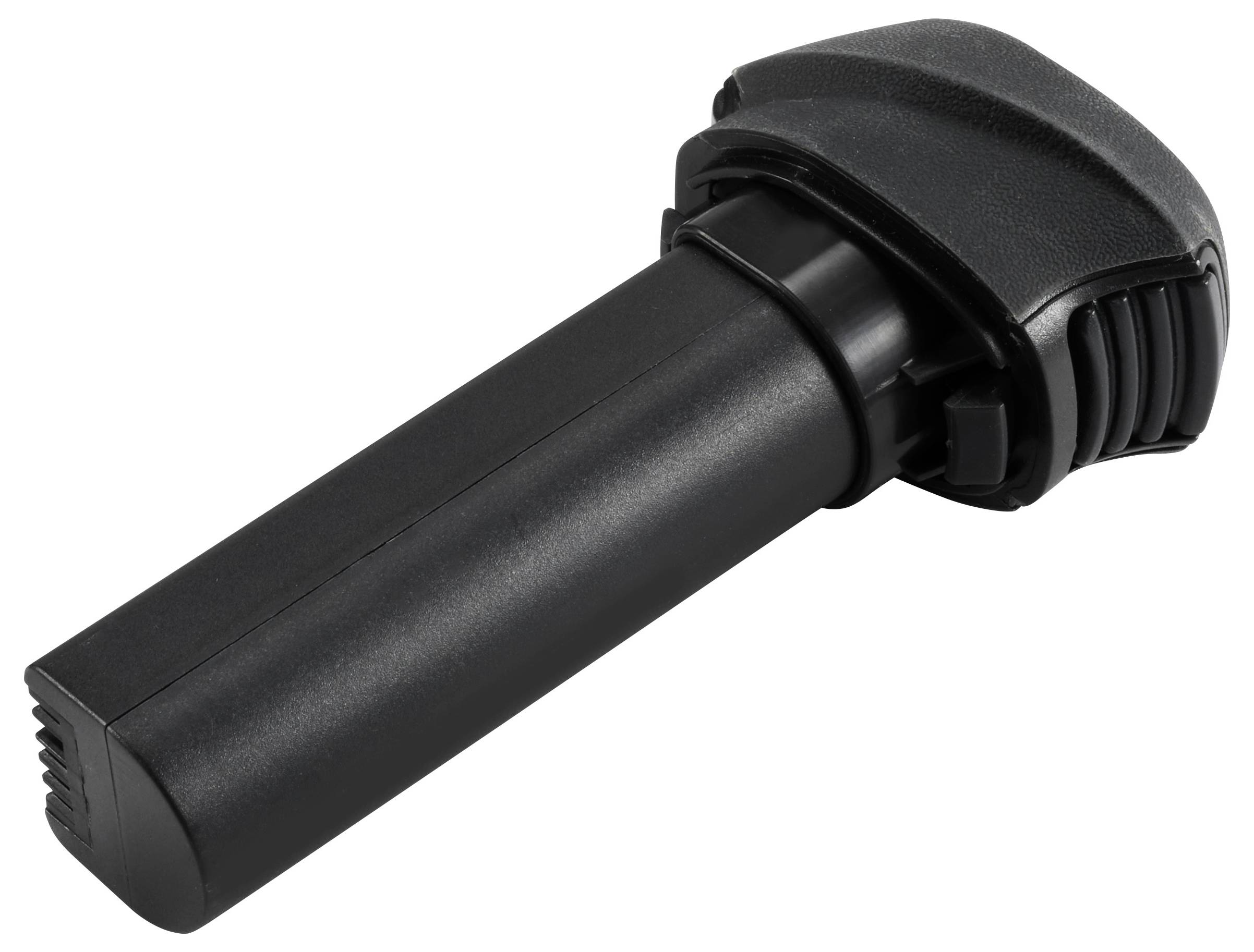 A black, cylindrical bicycle pedal grip made of plastic with a ribbed surface and a rounded cap.