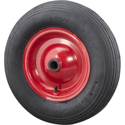 Red wheel bearing with black tyre. Suitable for wheelbarrows and similar equipment. Tyre dimensions: '4.80/4.00-8'.