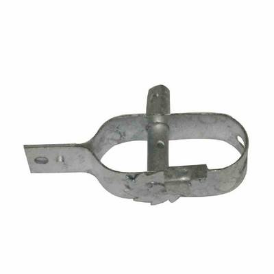 Metal bracket, cylindrical shape, with drilled holes for screw fastening. Used for mounting pipes or rods.