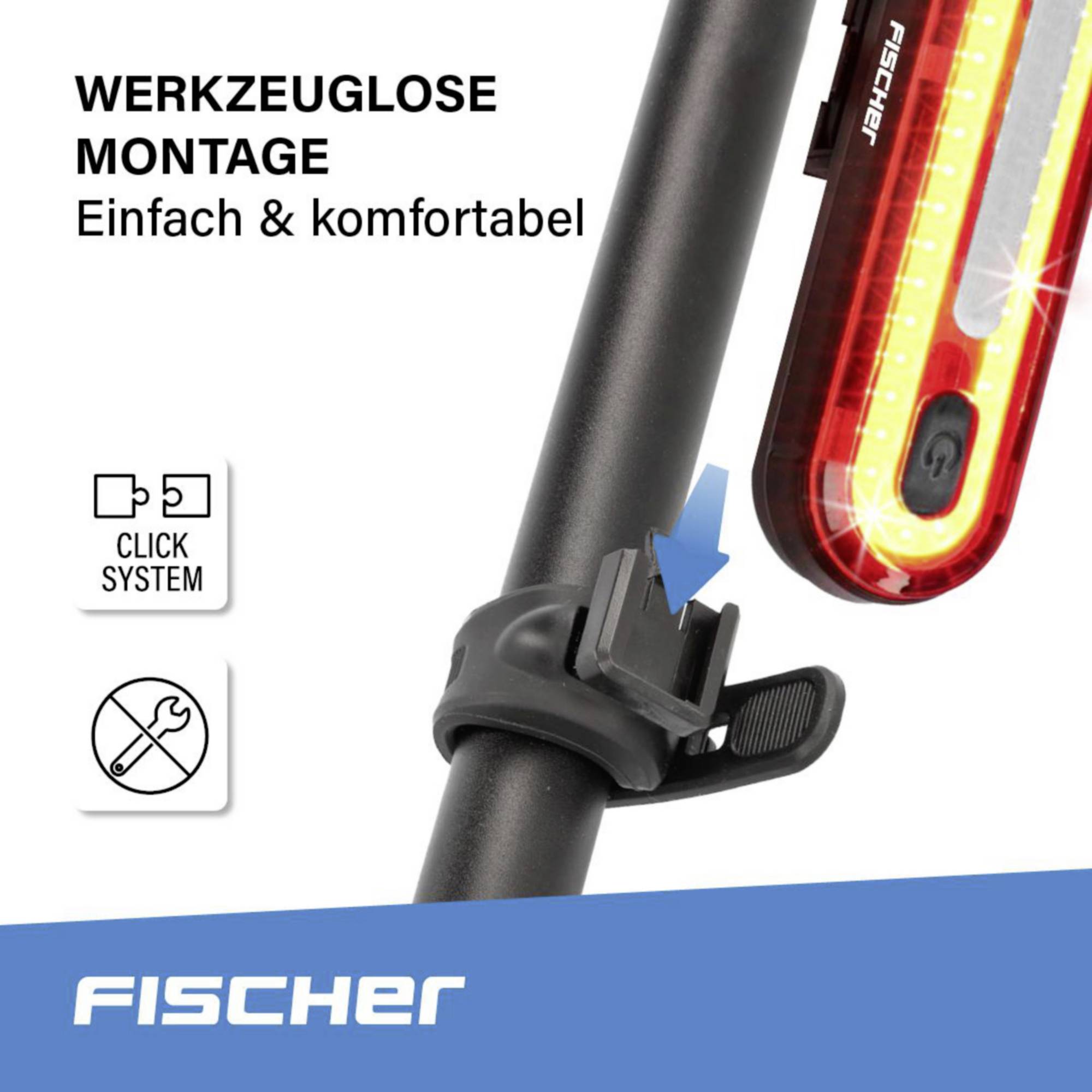 Bicycle rear light for a seat post, described as tool-free to install, simple and comfortable, by Fischer.