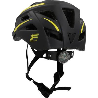 Black bicycle helmet with yellow stripes and front light.<br><br>Note: This translation maintains the original meaning and uses standard British English terminology.