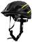 Black bicycle helmet with yellow stripes, side view. Adjustable chin strap. Ventilation slots for breathability.