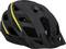 Black bicycle helmet with yellow stripe, ventilated for safety and comfort while cycling.