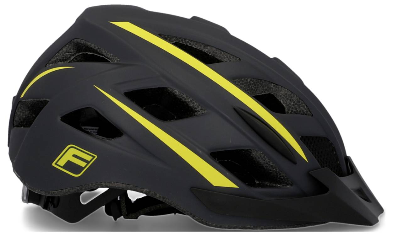 Black bicycle helmet with yellow stripes and a logo on the side. The helmet has multiple ventilation openings.