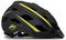 Black bicycle helmet with yellow stripes and a logo on the side. The helmet has multiple ventilation openings.