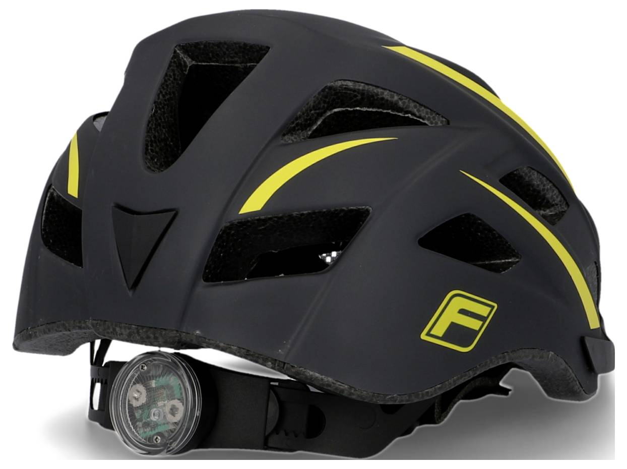 Black bicycle helmet with yellow stripes and a built-in, round light on the rear. Ideal for cycling safety.