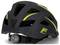 Black bicycle helmet with yellow stripes and a built-in, round light on the rear. Ideal for cycling safety.