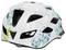 A white bicycle helmet with blue dandelion designs. The helmet has multiple ventilation openings.