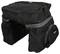 Black bicycle pannier with multiple compartments and zips, suitable for the rear rack, provides ample storage space.