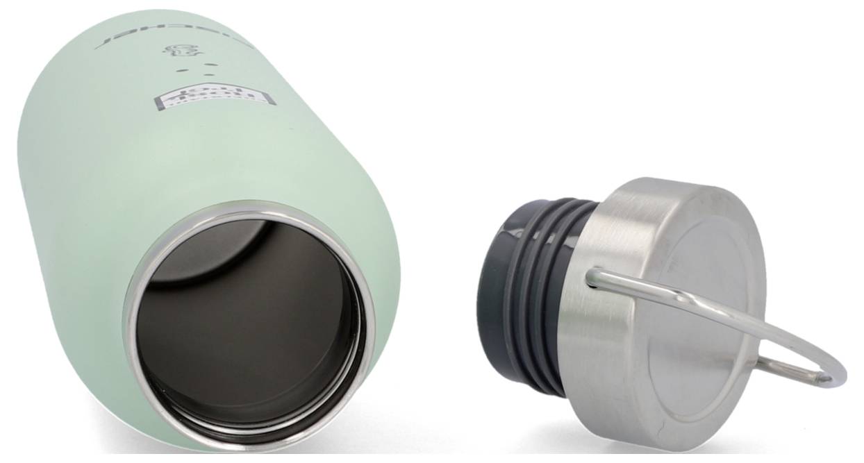 A green, insulated drinking bottle lies open on its side; the stainless steel lid with handle lies beside it.