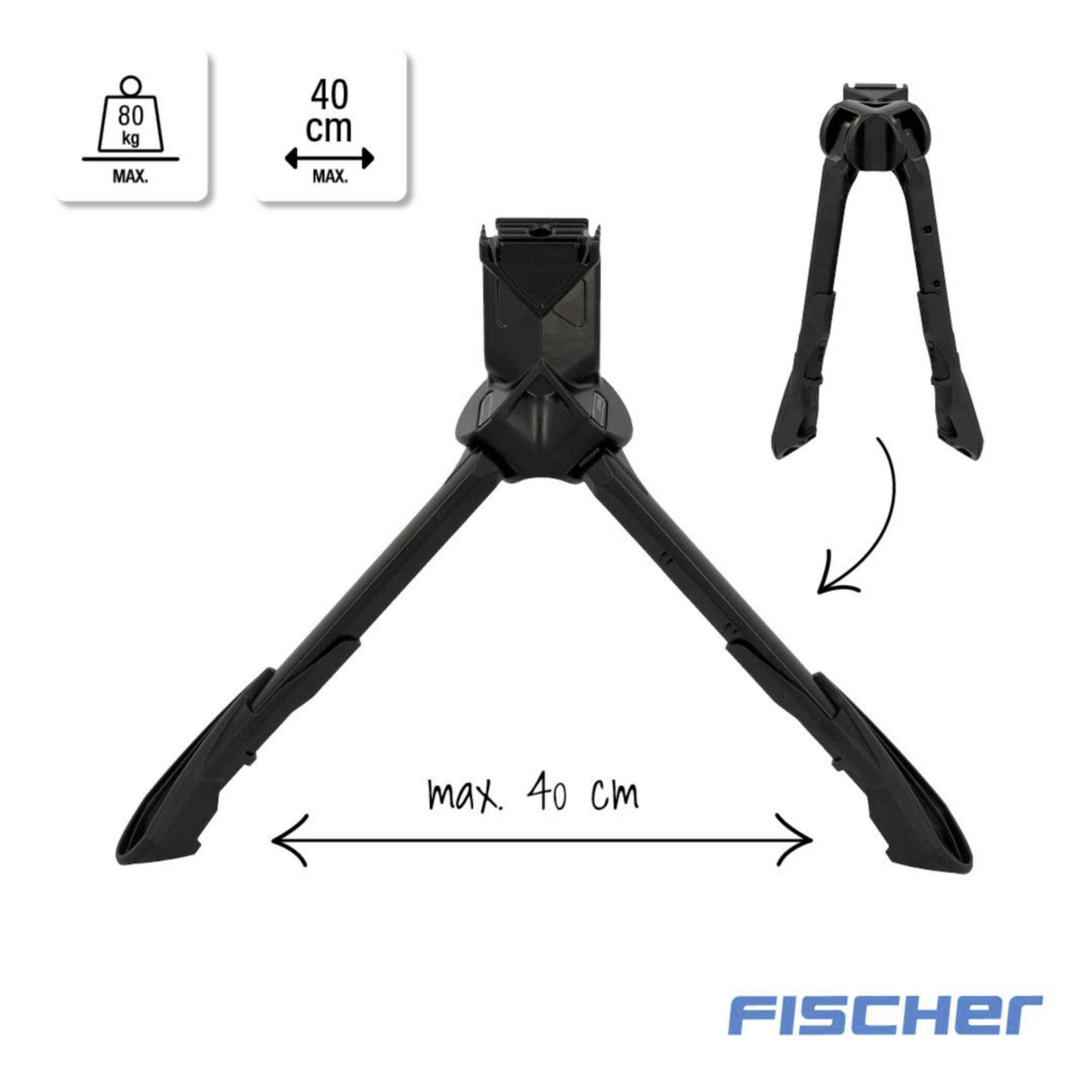 'Black bicycle stand, maximum load of 80 kg, 40 cm width. Brand logo bottom right.'