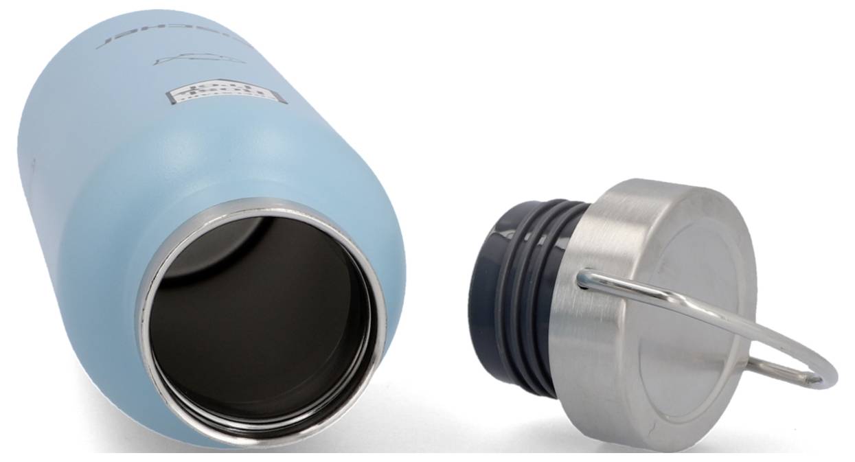 Blue stainless steel thermos flask without its lid, lying on its side. The lid is also made of stainless steel with a practical carrying handle.