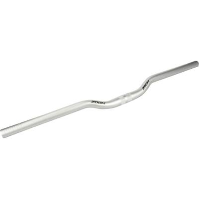 Silver bicycle handlebars with a gentle curve and 'ZOOM' lettering. Ideal for comfort and control while cycling.
