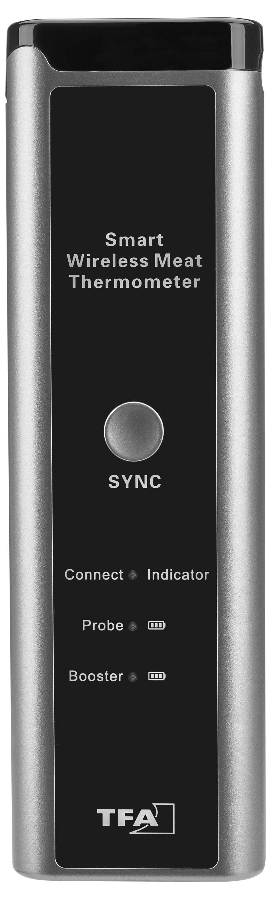 Wireless meat thermometer with digital display and buttons for synchronisation and connection. Markings for probe and booster.