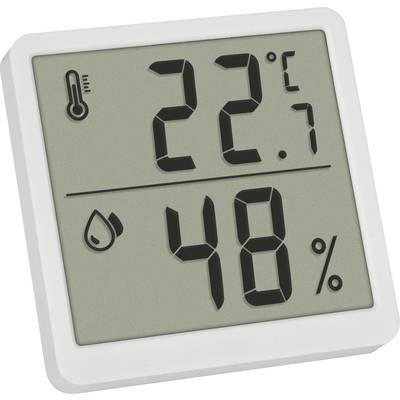 Digital thermometer and hygrometer showing '22.7 °C' and '48%'. Upper section displays temperature, lower section shows humidity.