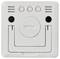 Back of a white remote control with visible battery compartment and control buttons.