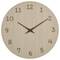 A round wooden-effect wall clock shows the time as 10:10. The numerals and hands are made of dark wood and stand out against the clock face.