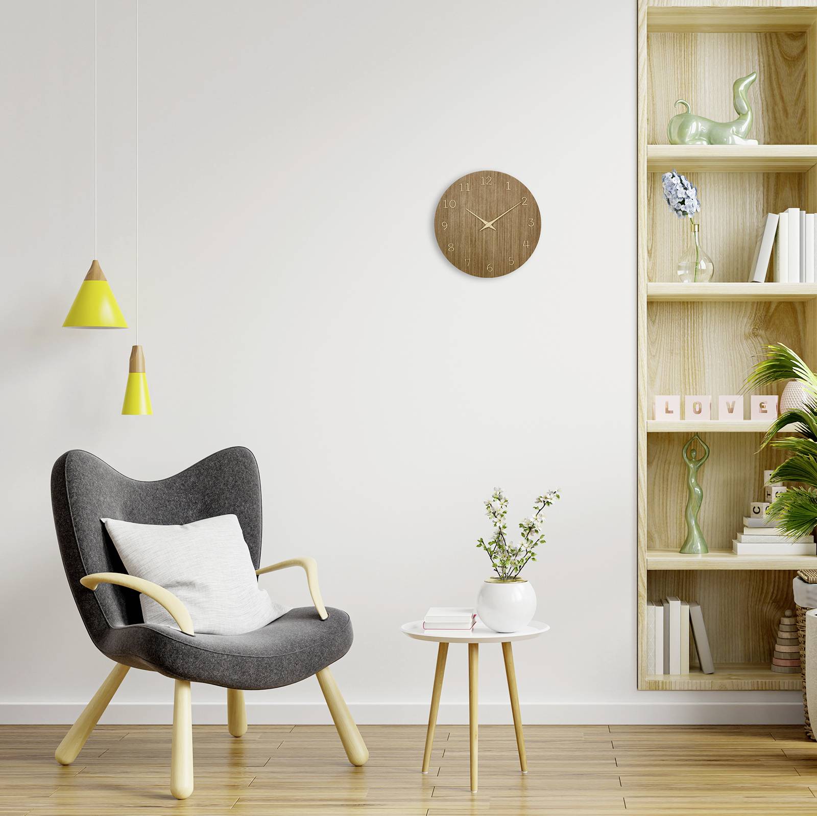 An elegant living room with a grey armchair, a white side table and a bookshelf with plants and decorations.