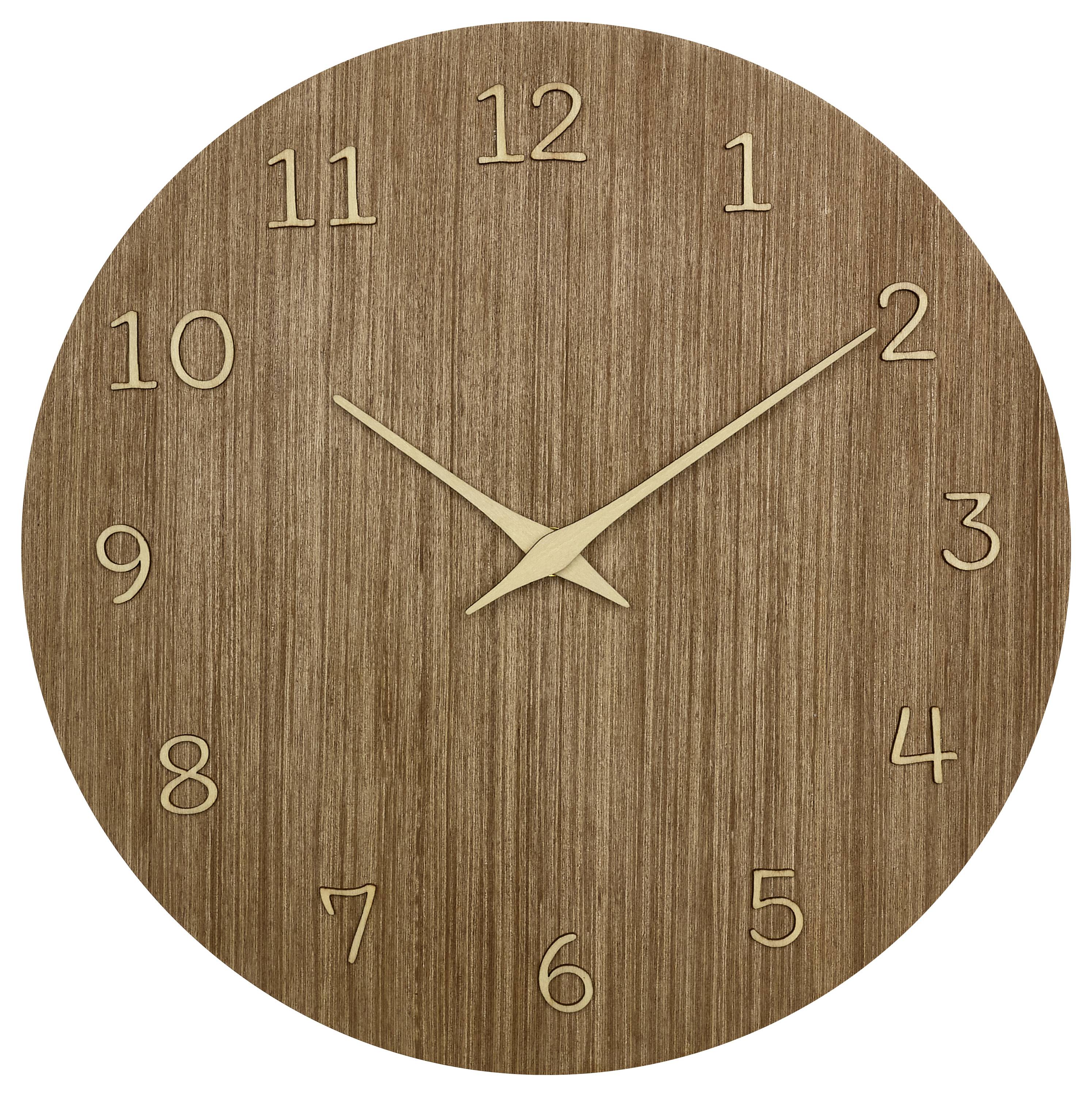 Large wooden clock with golden numerals and hands; shows 10:10.