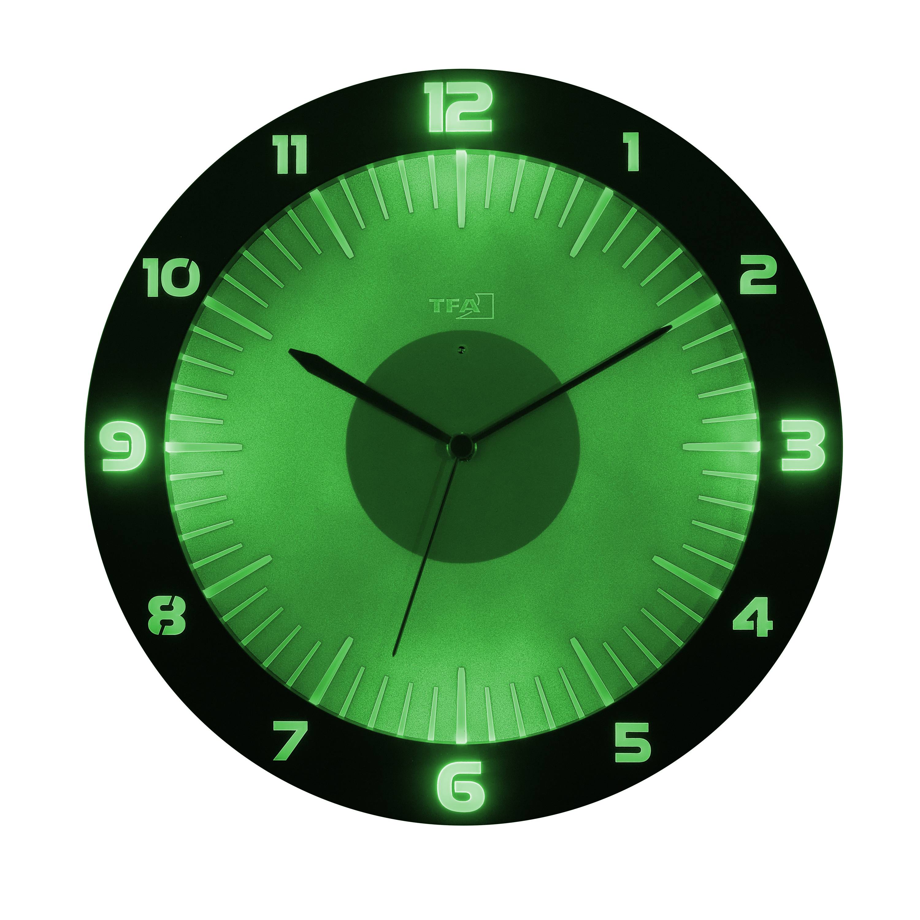 A green glowing wall clock with numerals 1 to 12 and two black hands.