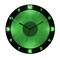 A green glowing wall clock with numerals 1 to 12 and two black hands.