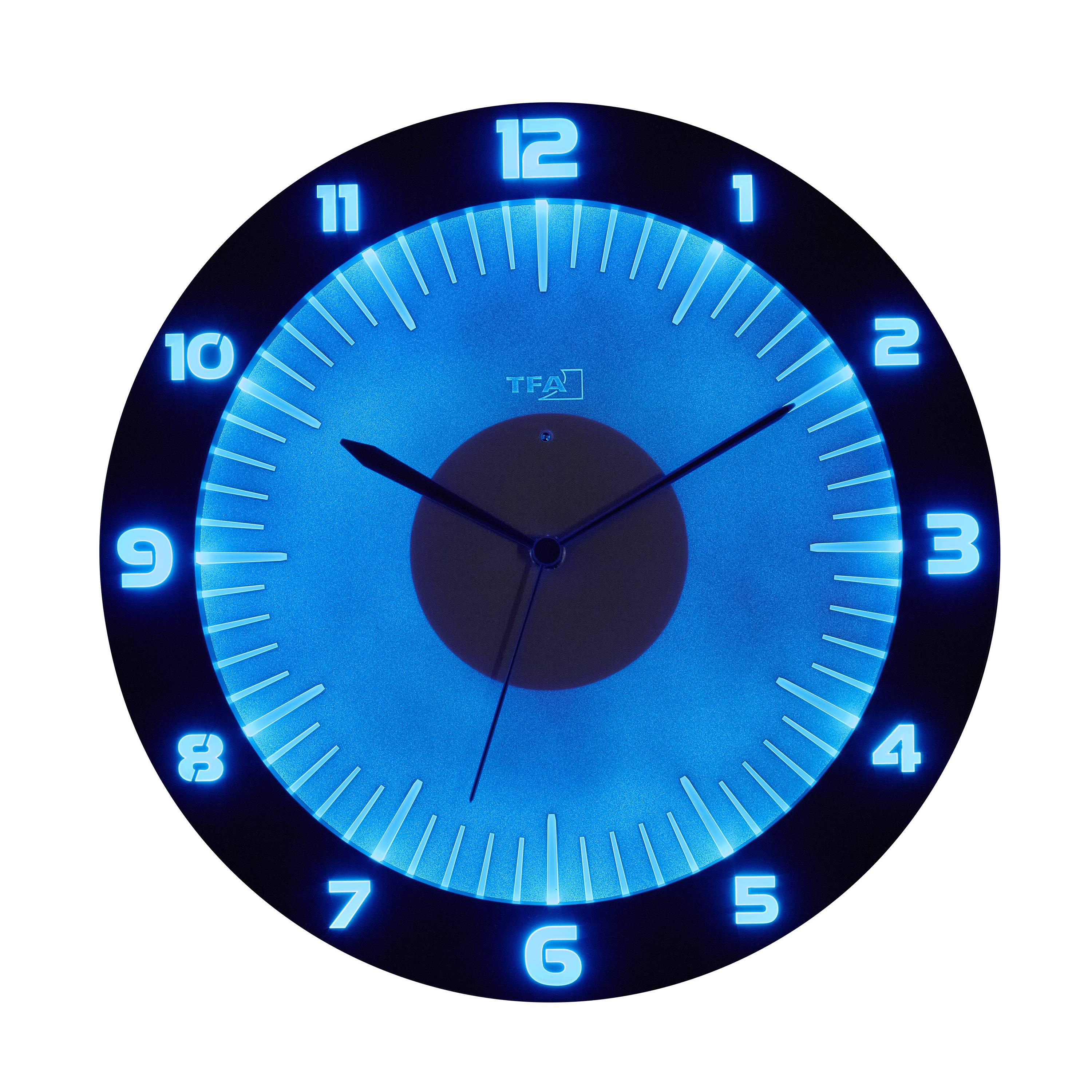 A luminous wall clock with blue numbers and hands displays 10:10. The clock has a modern, circular design.