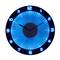 A luminous wall clock with blue numbers and hands displays 10:10. The clock has a modern, circular design.