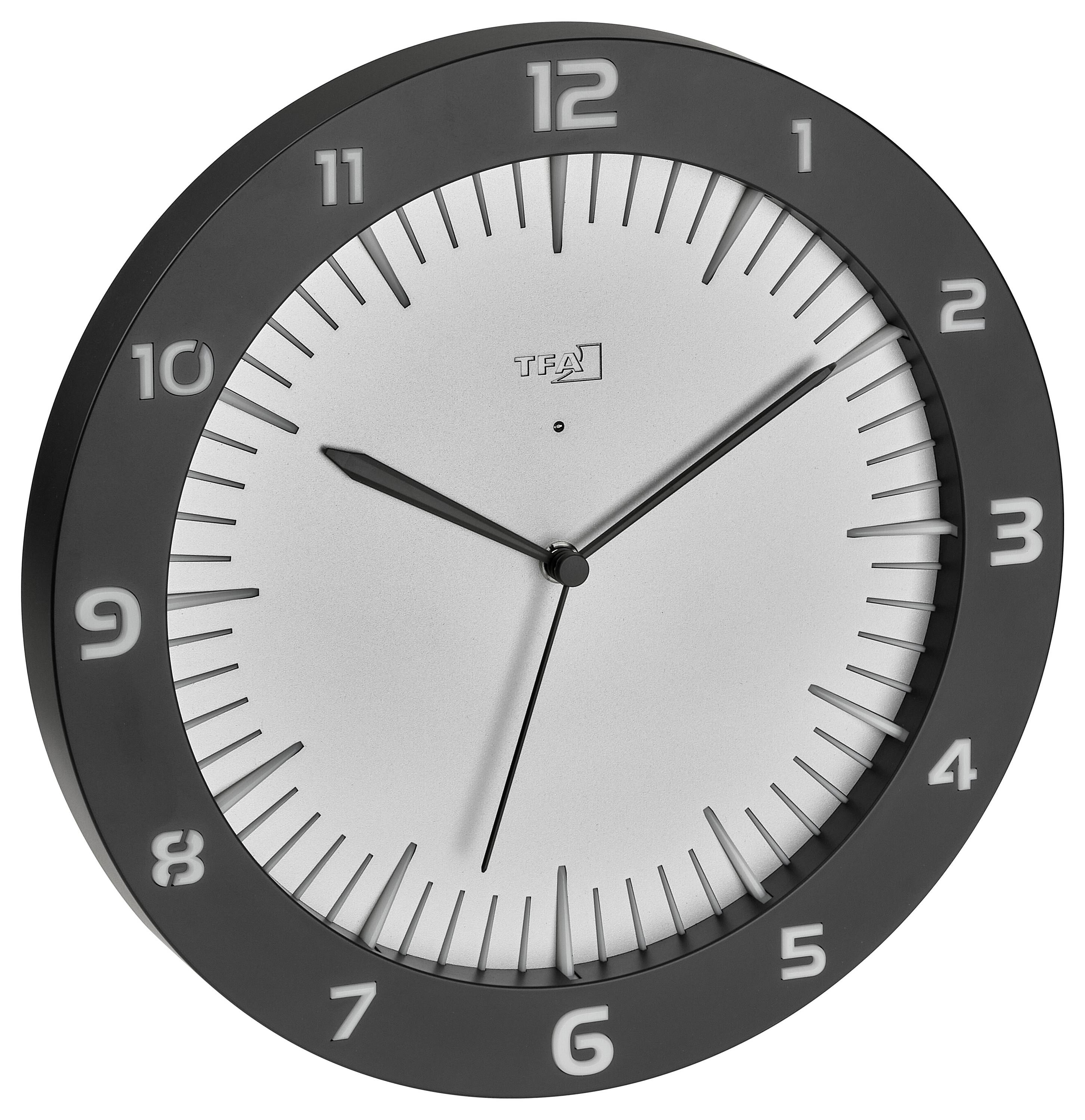 Black and white wall clock with twelve hour markers. The clock shows ten minutes past ten.