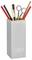 Pencil holder in minimalist design with integrated LED clock display. Contains pencils, ruler, scissors. Time: 13:54.