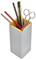 A grey pencil holder with a digital clock, containing various writing implements and a pair of scissors. Time: 13:54.