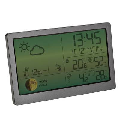 Electronic weather station displays time, date, indoor and outdoor temperature, humidity, moon phase, and weather forecast symbols.