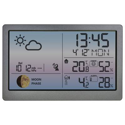 Digital weather display shows time 13:45, day of week 'Mon', indoor temperature 20.6°C, outdoor temperature 4.2°C, humidity, air pressure 1012 hPa, moon phase.