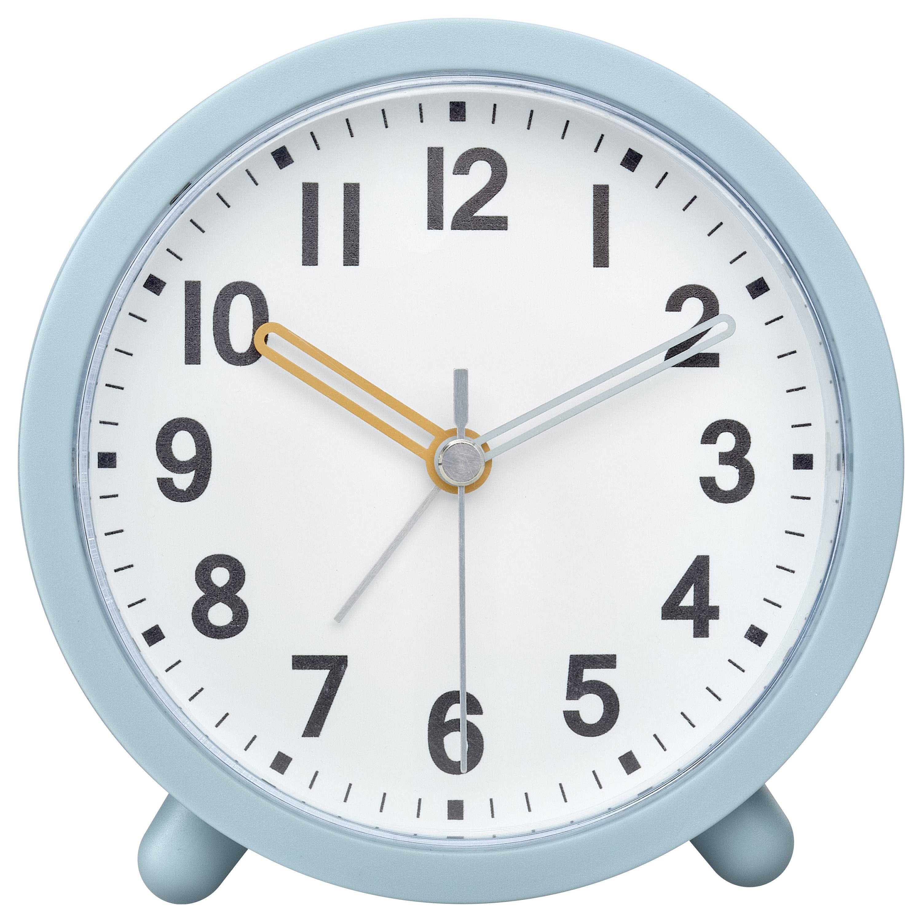 Round alarm clock with a blue frame, displaying 10:10, with large black numbers and two orange hands.