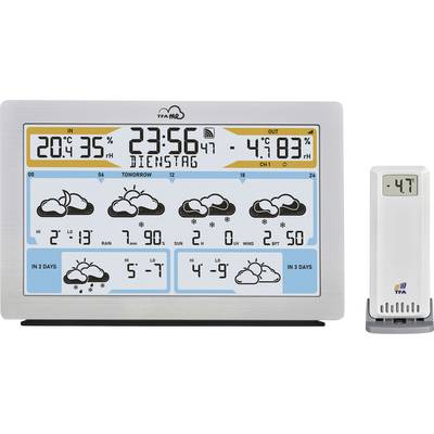 Digital weather screen shows: '23:56, Tuesday'. Indoor temperature: 20°C, 35% humidity; outdoor: 4°C, 83%. Weather forecast: Cloudy, rain expected in 2-3 days.
