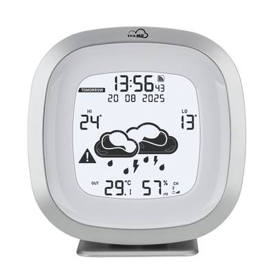 Digital Thermometer and Weather Station with Weather Forecast. Shows Time, Date, Indoor and Outdoor Temperature, Humidity, Weather Warning.