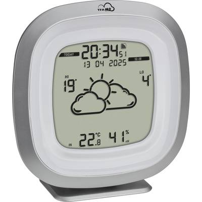 Digital thermometer with clock. Shows 20:34, date 13/04/2025. Weather: Cloudy, maximum temperature 19°C, minimum temperature 4°C.