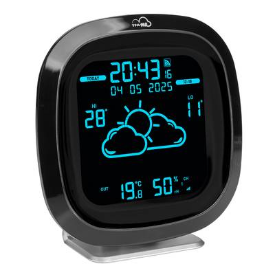 A digital thermometer showing the time as 20:43, date 04/05/2025. Weather display with sun and clouds, temperatures 19.8°C indoors, 11°C outdoors.