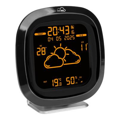 Digital weather station display shows time (20:43), date (04/05/2025), indoor and outdoor temperatures (28°C and 11°C) and humidity (50%).