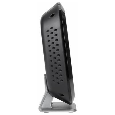 A slim, black modem or router standing sideways, with ventilation slots, mounted on a silver stand.