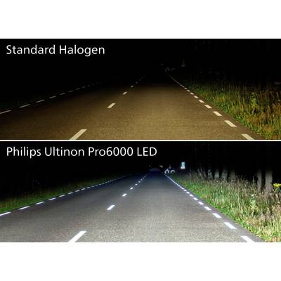 Image shows two road lanes at night: Top with standard halogen light, bottom with Philips Ultinon Pro6000 LED; LED lighting is significantly brighter.