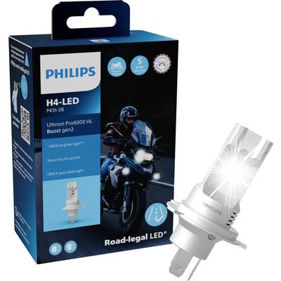 A Philips H4-LED light packaging depicts a motorcyclist at night. Street legal certified, 5800K white light.