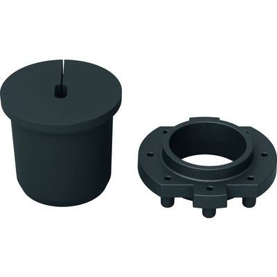 Two black metal components: a cylindrical part with a slot and a round mounting bracket with holes. Mechanical parts.