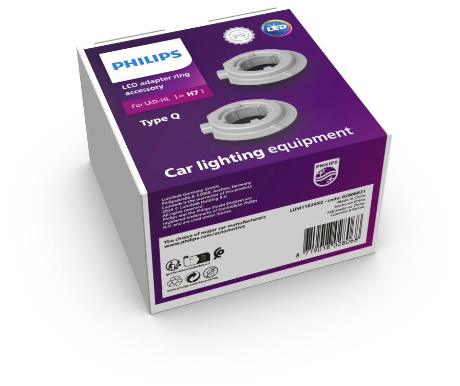 Packaging for a Philips LED adaptor ring accessory for automotive lighting, Type Q, in purple and white, displaying product information and brand logo.