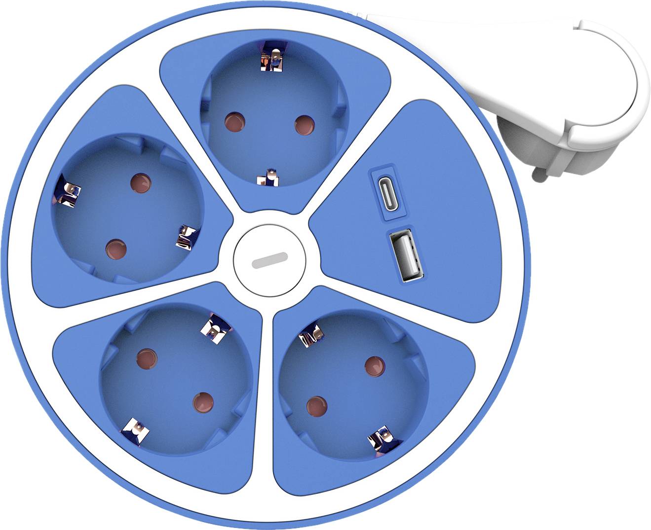 Round power strip with four blue sockets and two USB ports, compact and space-saving.