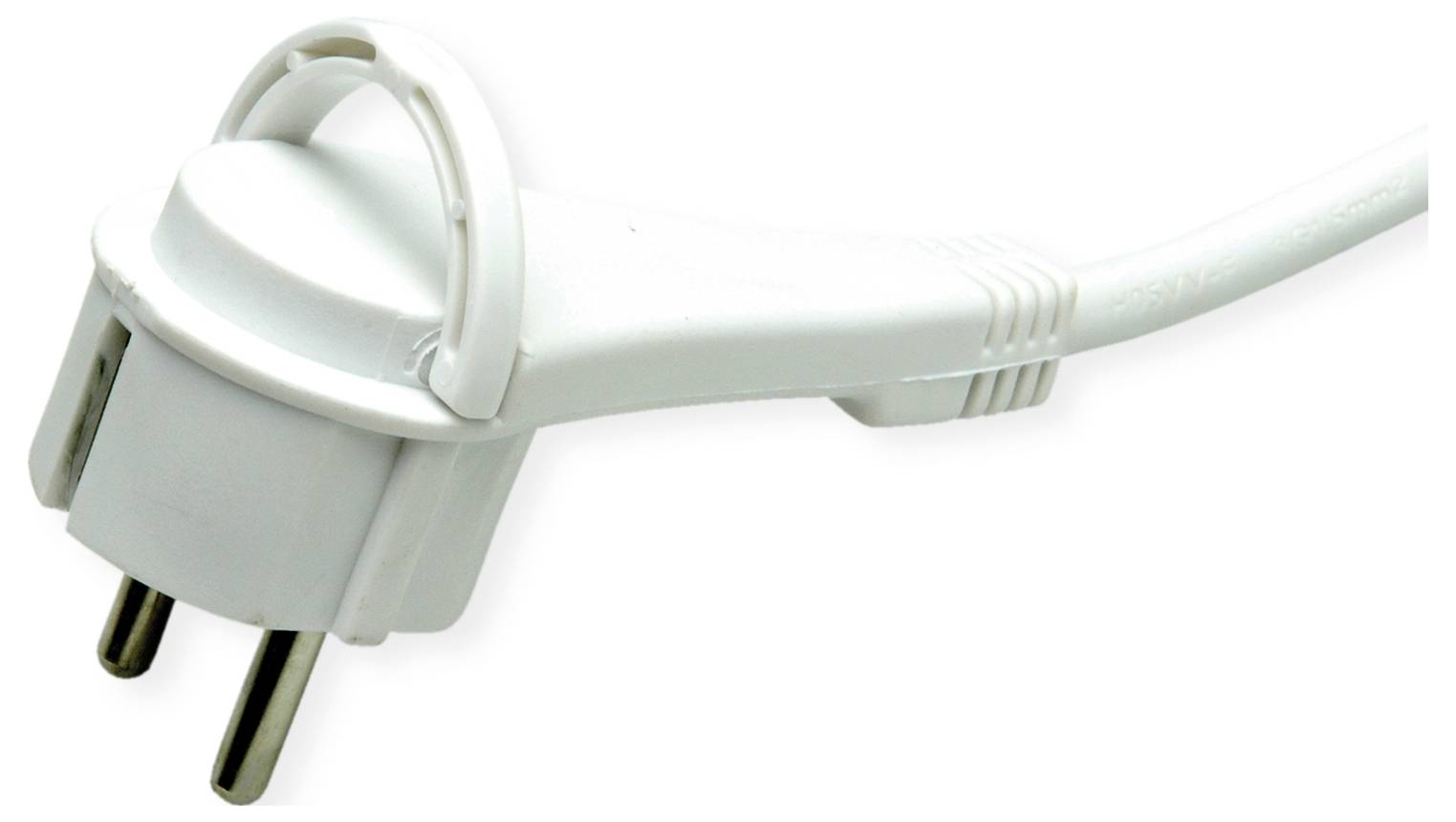 White electrical plug with two metal pins and a handle, photographed from the side.