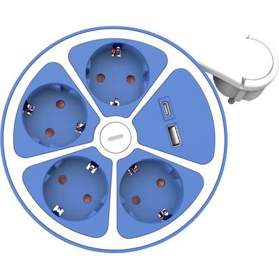 A blue, round multi-socket extension lead with four Schuko power sockets and two USB ports, perfect for simultaneously charging multiple devices.