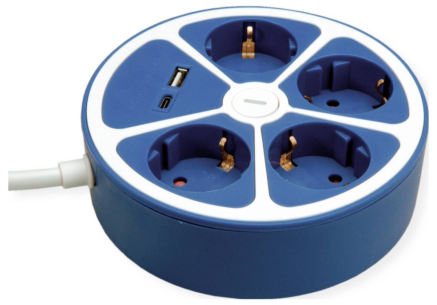Round, blue socket adaptor with four Schuko sockets and two USB ports, on a white background.