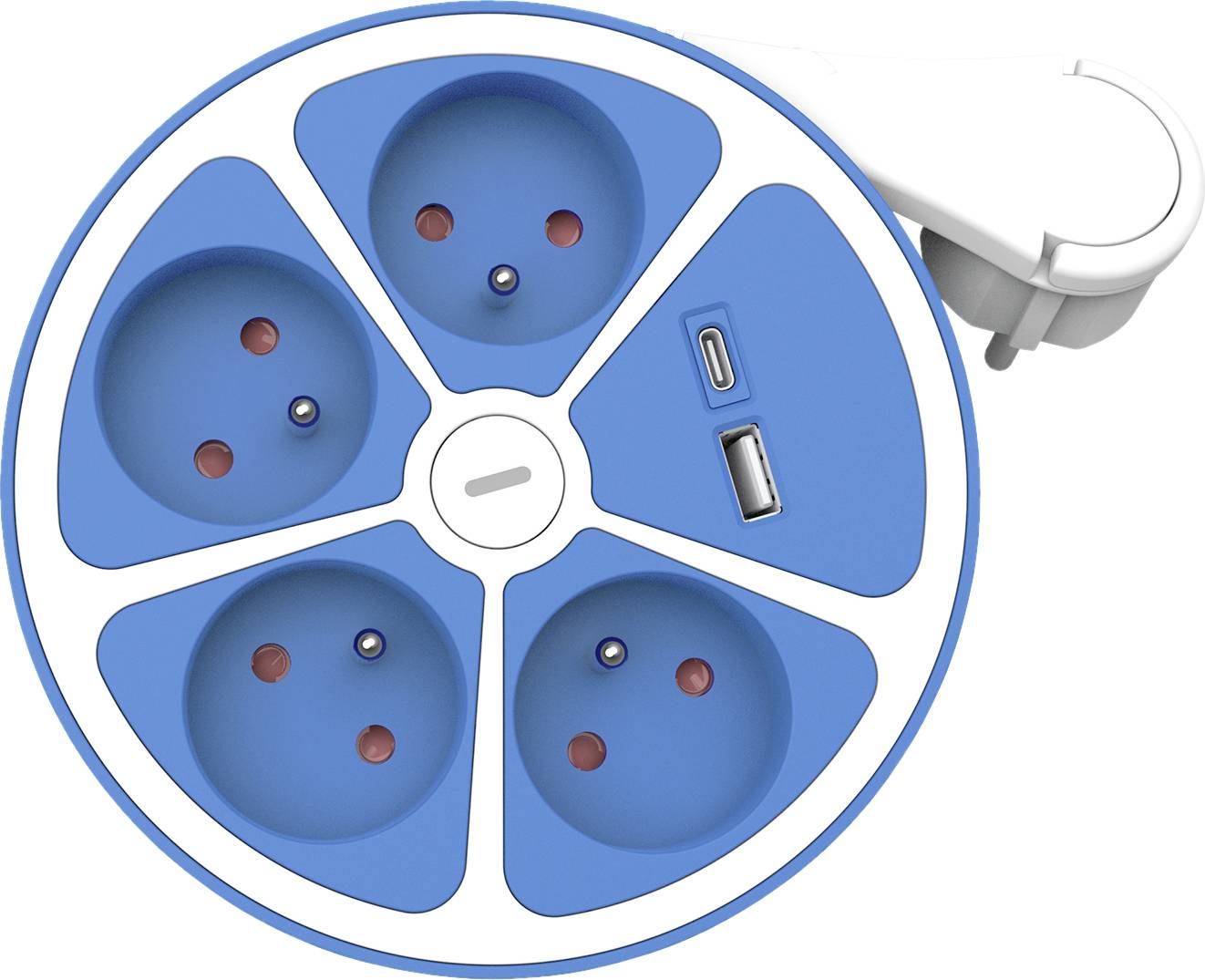 Round, blue power strip with four plug sockets and two USB ports, arranged in a circular design.