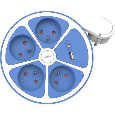 Round, blue power strip with four plug sockets and two USB ports, arranged in a circular design.